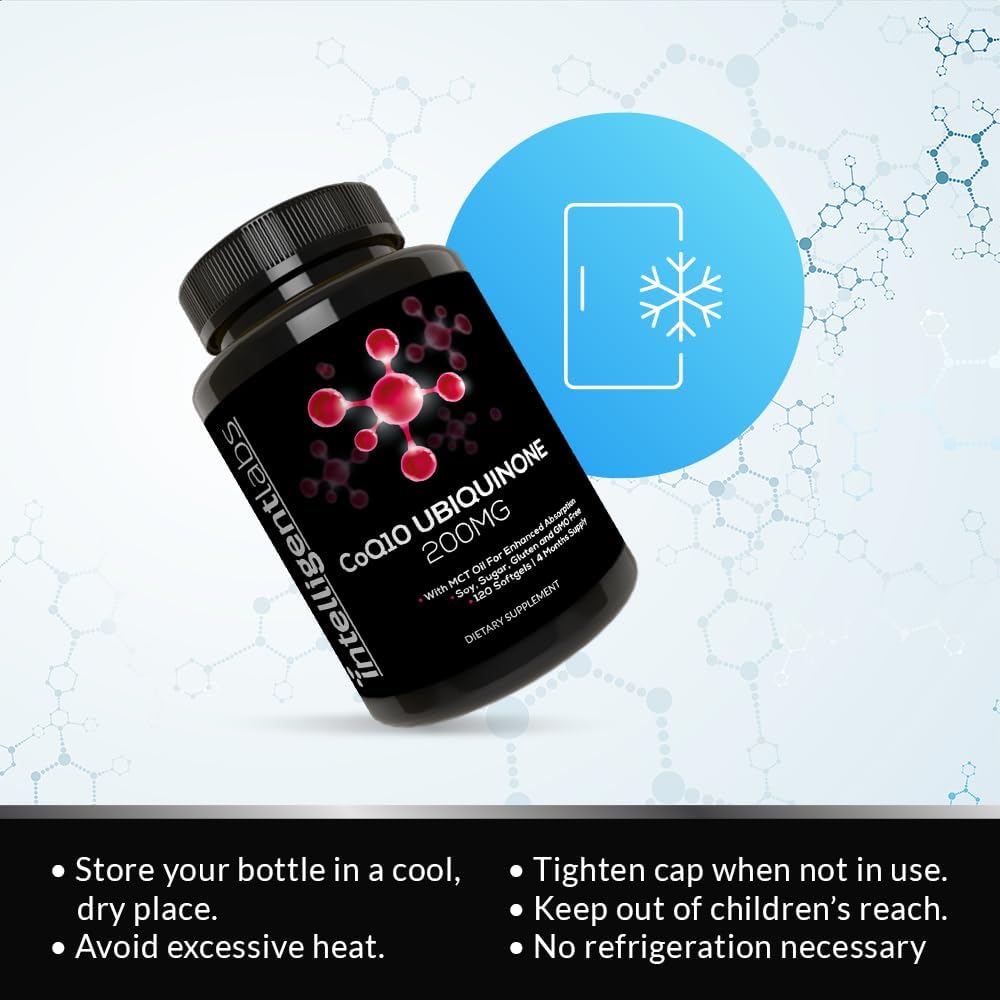 Intelligent Labs CoQ10 Ubiquinona 200mg cápsulas blandas  Coenzima Q10 con aceite MCT para una máxima absorción  Soja, azúcar, gluten y OGM  120