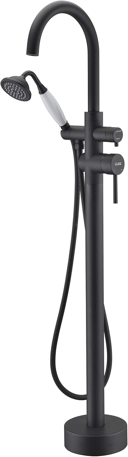 Grifo de bañera independiente Llenador de bañera Negro Alto caudal 11.9GAL Llenadores de grifos montados en el piso con montaje de ducha de mano LLGG