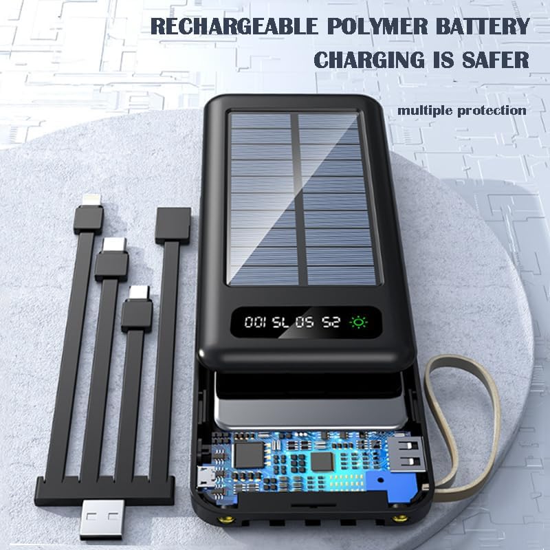 Banco de energía solar de 20000 mAh, con cable de carga 4 en 1, panel solar de carga rápida y carga USB, linterna súper brillante incorporada