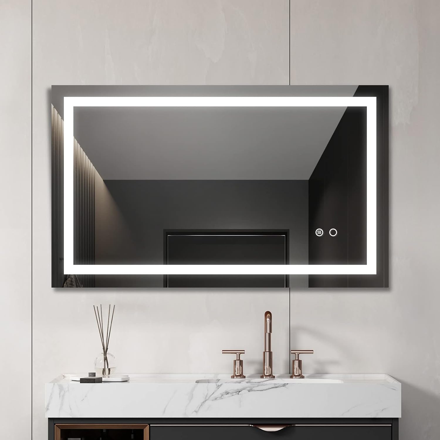Espejo montado en la pared de baño con luz LED de 40 pulgadas y 24 pulgadas con luz alta antivaho función de atenuador de control por separado