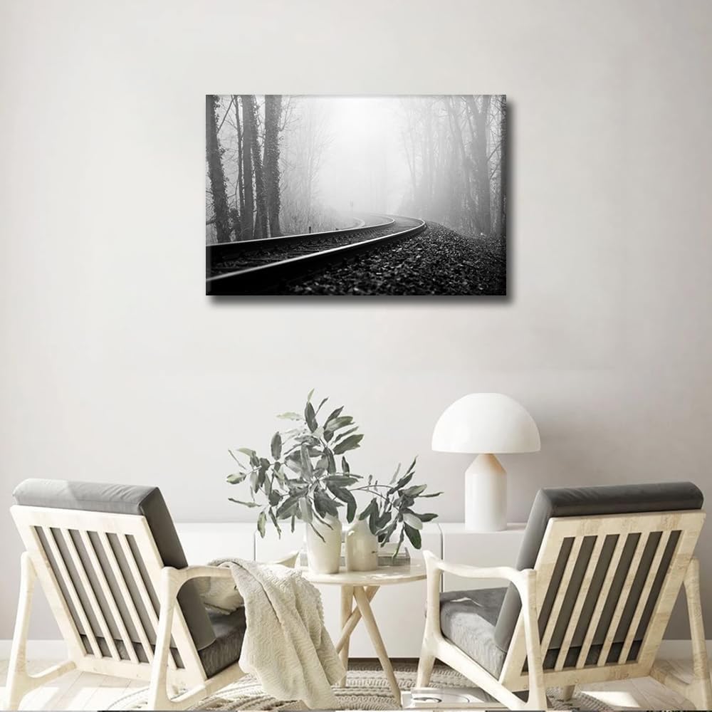 1 lienzo decorativo para pared, ferrocarril a través del bosque de pinos con niebla, decoración moderna para el hogar, sala de estar, arte de pared