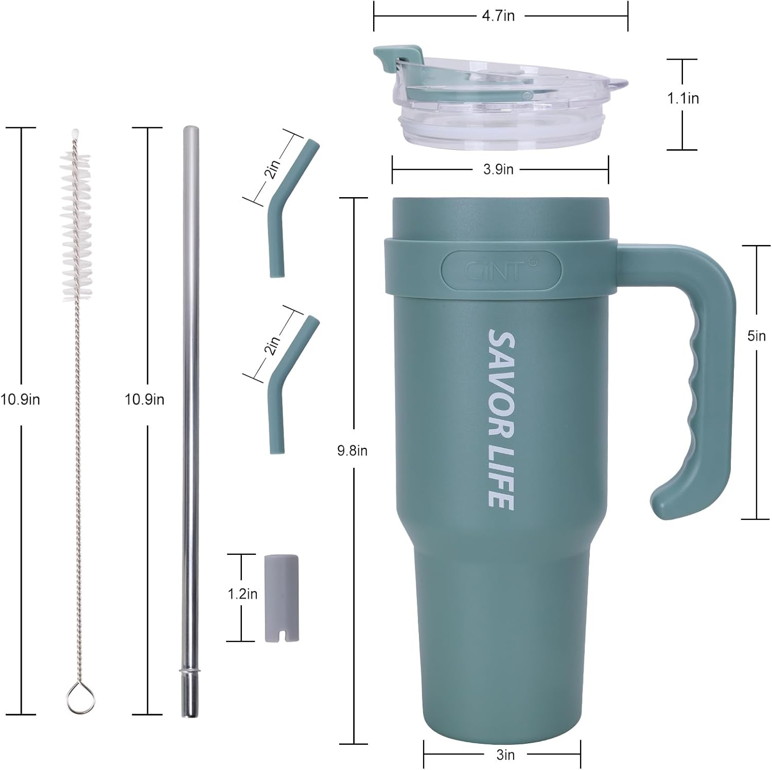 GiNT Vaso de 40 oz con asa, vaso aislado de acero inoxidable con tapa y pajilla, doble vacío a prueba de fugas, taza de café de viaje, color verde