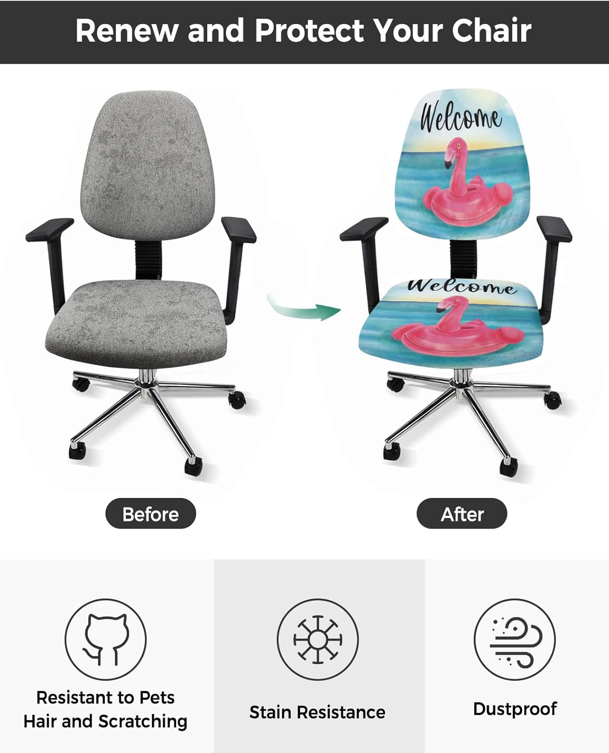 AMZRicher Funda elástica para silla de oficina, diseño de flamencos rosados, funda para asiento de silla de computadora, funda para respaldo,