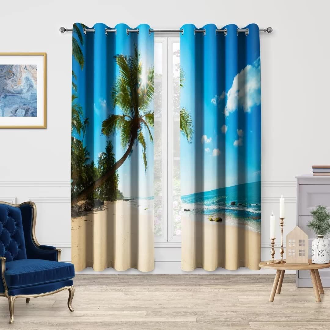 Jekeno Cortinas opacas con diseño de océano tropical, playa, Hawaii, palmera, cielo azul, mar, con ojales, para dormitorio, sala de estar, 42