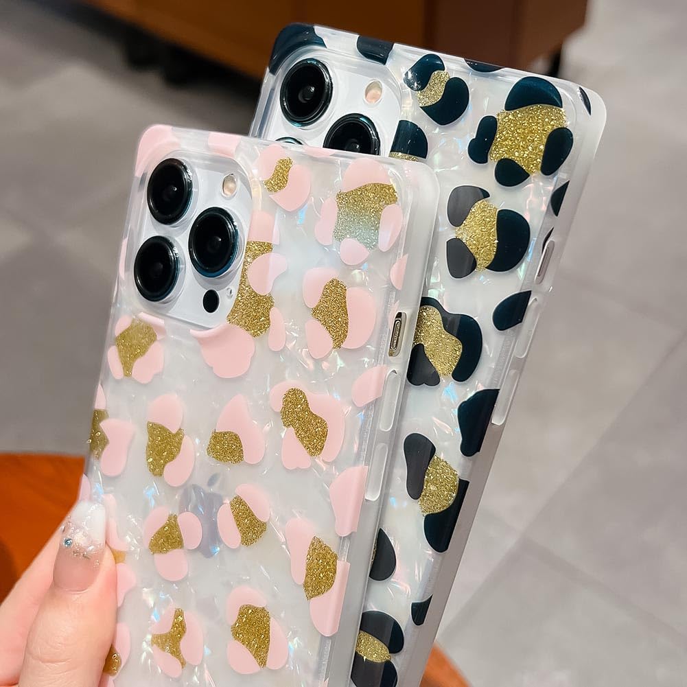 KERZZIL Funda de lujo con patrón de leopardo de nácar para iPhone 13 Pro Max, con borde cuadrado, lindo polvo dorado brillante brillante para
