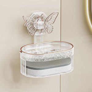 Lujoso estante de almacenamiento de caja de jabón con ventosa de mariposa creativa, montado en la pared de doble capa de drenaje caja de jabón con Lujoso estante de almacenamiento de caja de jabón con ventosa de mariposa creativa, montado en la pared de doble capa de drenaje caja de jabón con