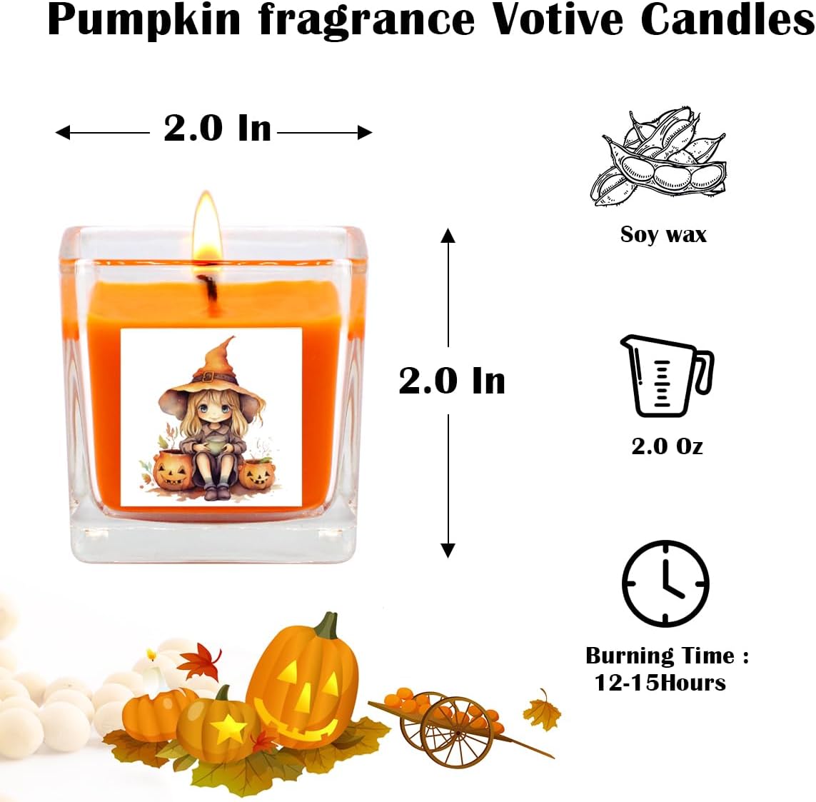 Paquete de 20 velas votivas naranjas en tarro de vidrio cuadrado transparente, velas perfumadas de calabaza, 10 horas de tiempo de combustión,