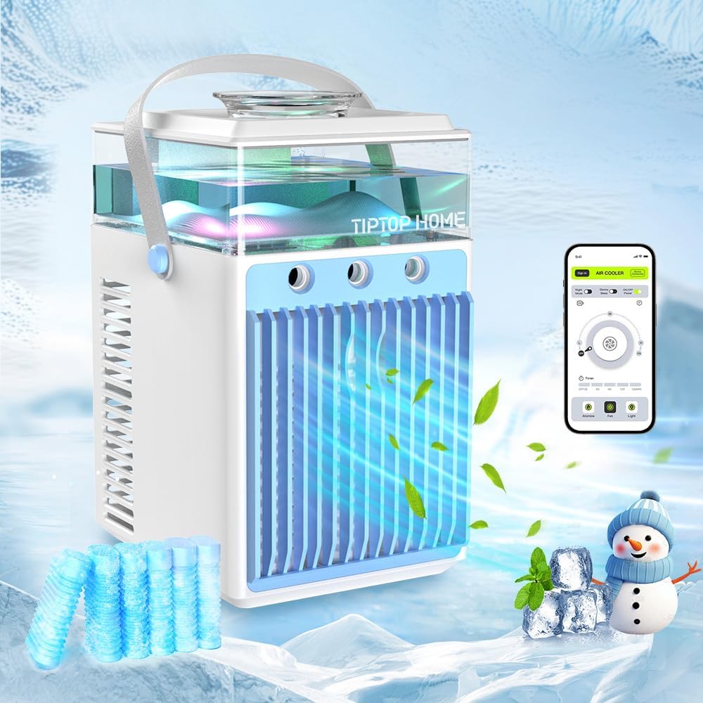 Ventilador de aire acondicionado portátil, mini humidificador personal recargable 4 en 1, enfriador de aire evaporativo de 3 velocidades con 7 luces