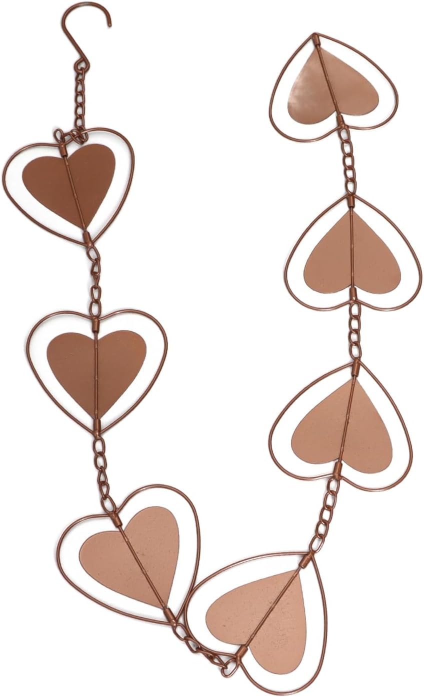 Jeanoko Cadena de lluvia de metal, función de drenaje, carillón de viento decorativo en forma de corazón con gancho, cadena de atrapador de lluvia