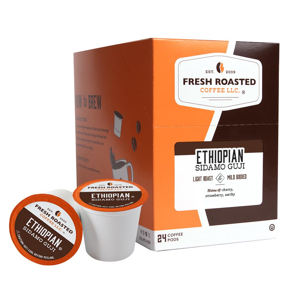 Fresh Roasted Coffee, Sidamo Guji etíope, tostado ligero, Kosher, compatible con K-Cup, 24 cápsulas