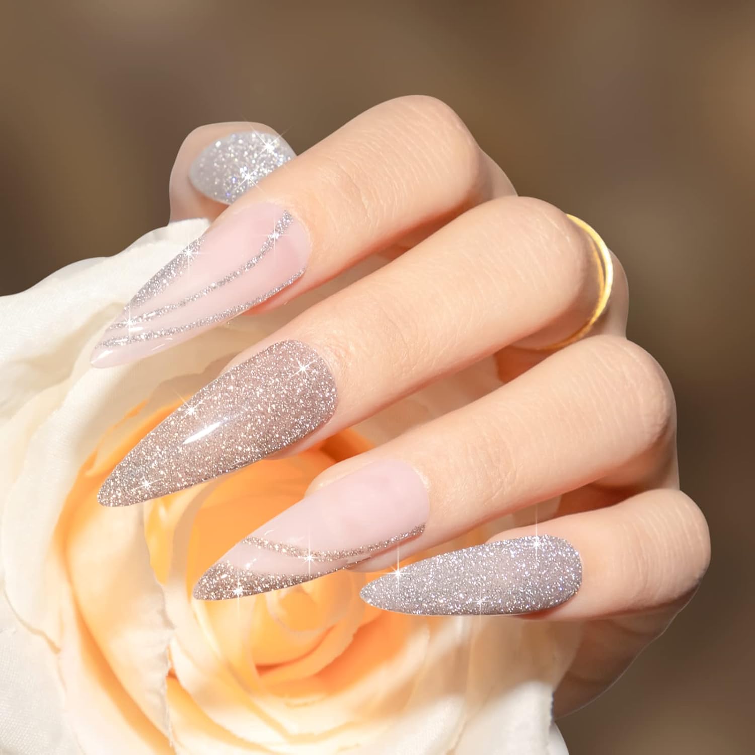 MIZHSE Esmalte de uñas de gel reflectante, esmalte de gel plateado y dorado con purpurina, 2 colores, juego de manicura de gel de uñas de diamante