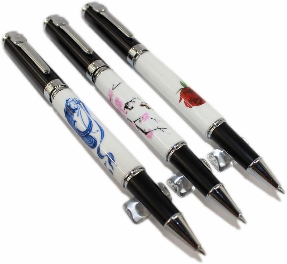 Gullor 3 Pcs Rollerball Pen 8802 Blanco y Negro, clip plateado, tres patrones