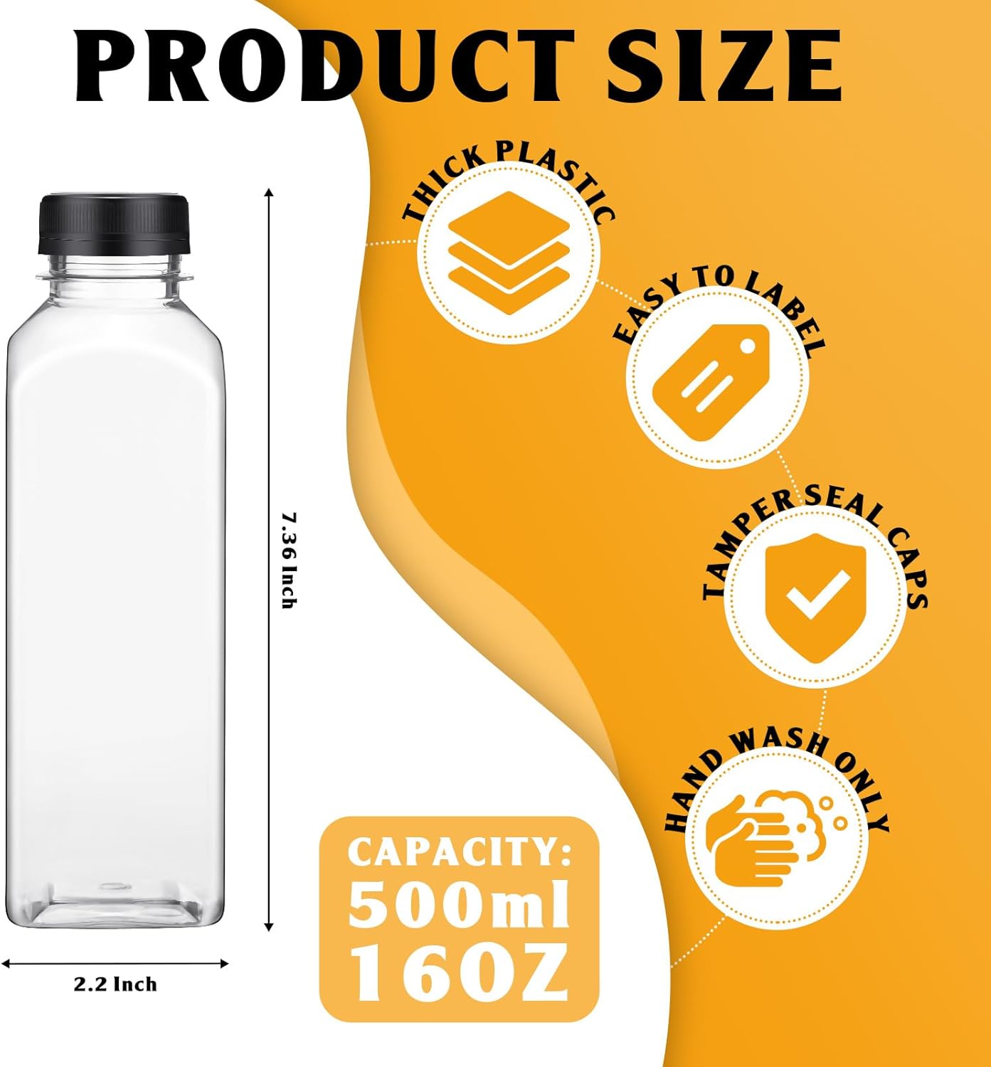 Zhehao 300 botellas vacías de plástico para jugos de 16 onzas con tapas a prueba de manipulaciones, recipientes cuadrados transparentes para