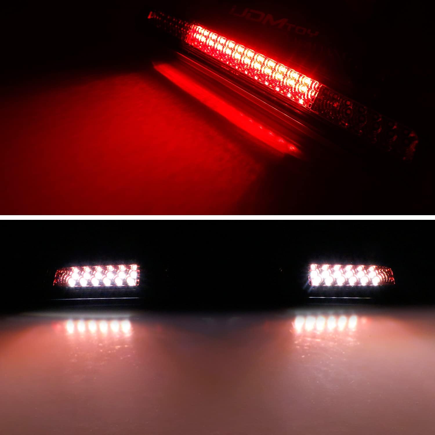 iJDMTOY Lente ahumada estroboscópica estilo F1 con reflector cromado rojo 48-SMD LED de montaje alto, tercer freno, montaje de luz de