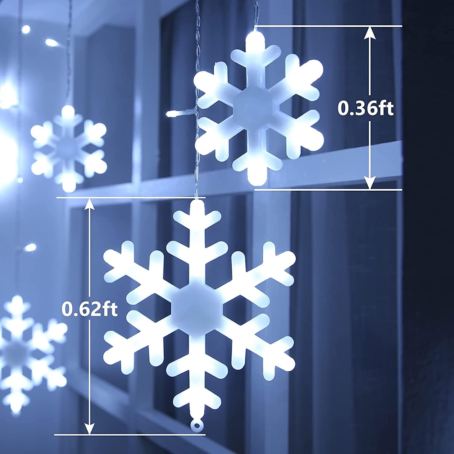 Luces de copo de nieve de Navidad para exteriores, 17.22 pies, 264 luces LED de carámbano de copo de nieve con 22 gotas, 8 modos conectables, luz de
