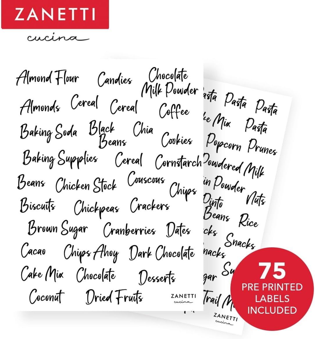 Zanetti – Recipientes herméticos de vidrio con tapas de madera de bambú para almacenamiento de alimentos con 75 etiquetas preimpresas para despensa