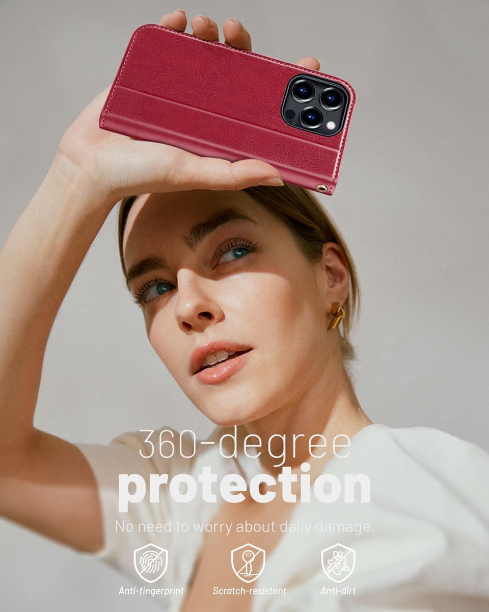 OCASE Funda tipo cartera compatible con iPhone 15 Pro, de piel sintética, con tarjetero, bloqueo RFID, soporte para teléfono carcasa interior de TPU