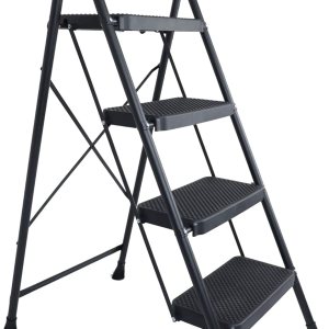 Taburete plegable con pedal antideslizante ancho, escalera de acero resistente de 330 libras, 2 escalones, color negro Taburete plegable con pedal antideslizante ancho, escalera de acero resistente de 330 libras, 2 escalones, color negro