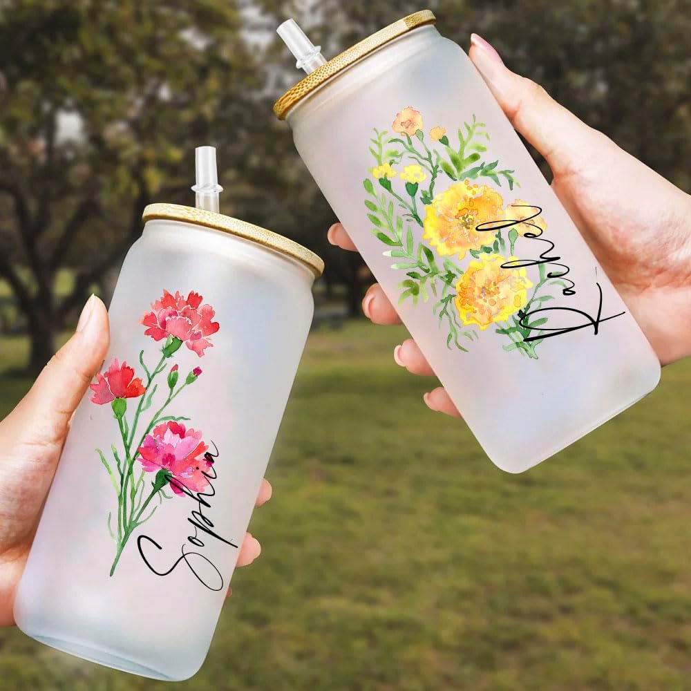 Vaso personalizado con nombre, regalo para ella, vaso delgado de 20 onzas, vaso de vidrio personalizado con nombre floral, vaso de dama de honor,