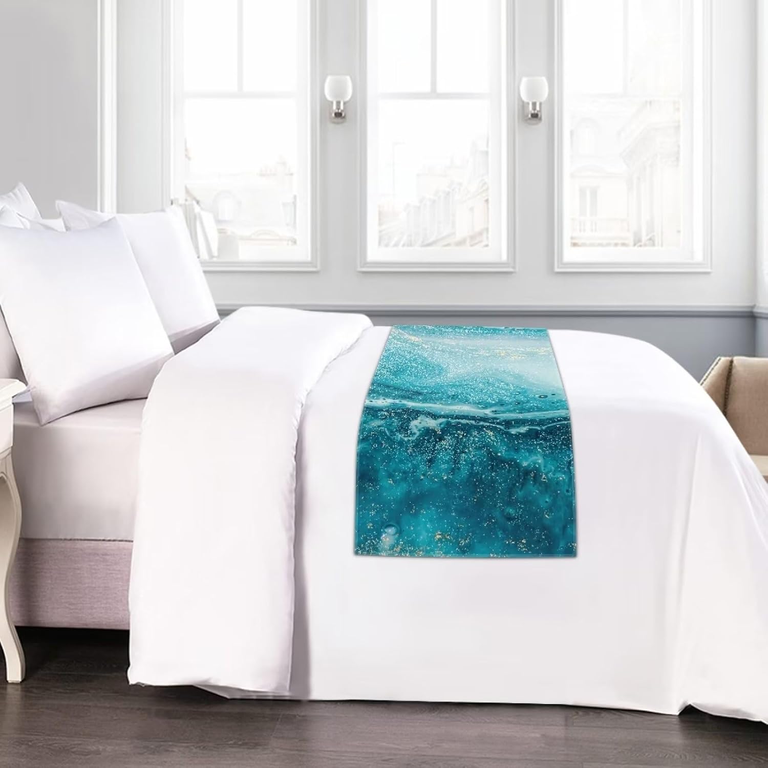 BIGCARJOB Bufanda de cama con estampado de mármol turquesa para hotel, habitación de invitados, cocina, camino de mesa, cubrecolcha, fundas