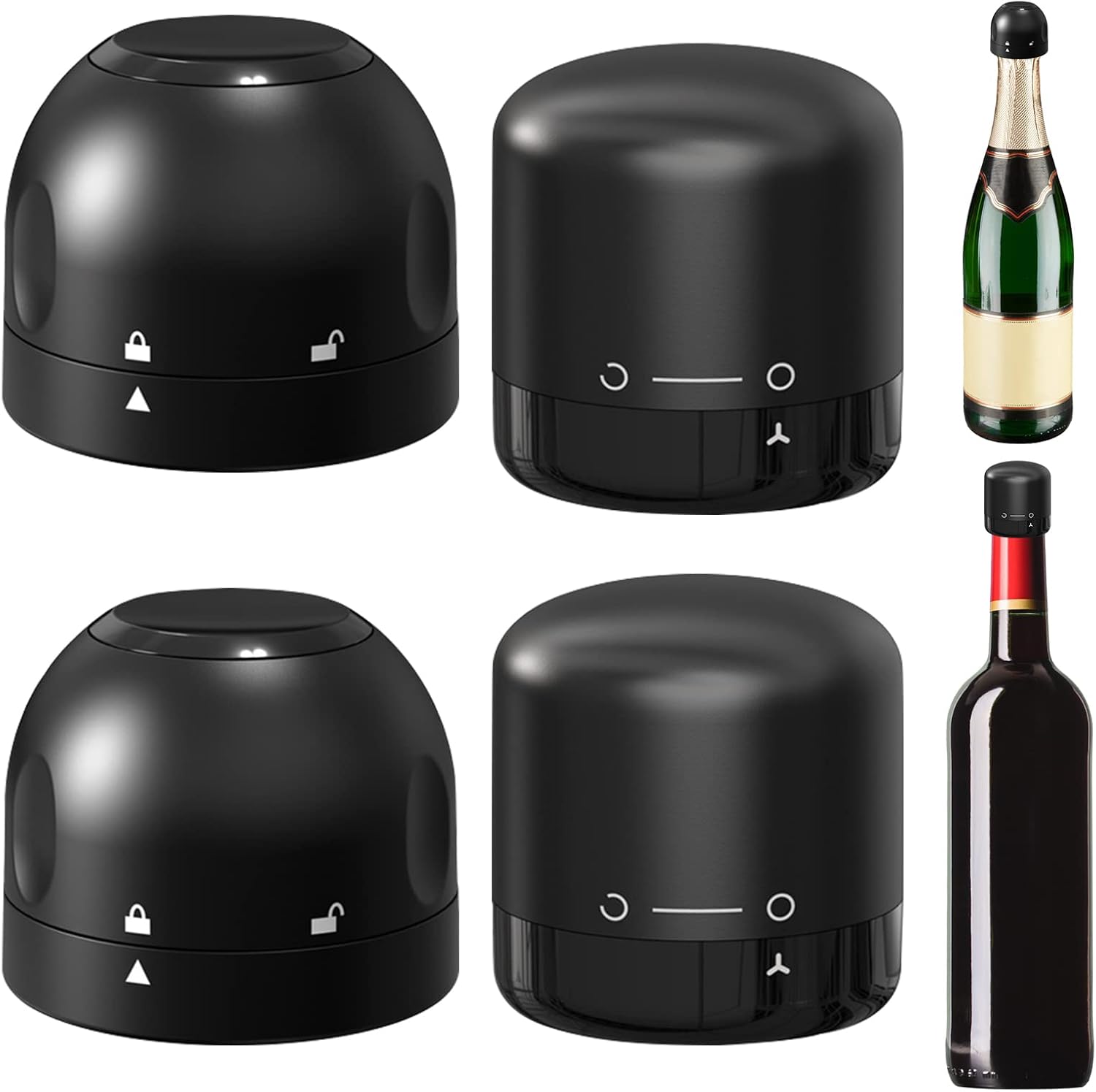 Juego de 4 tapones para vino, paquete de 2 tapones de champán, reutilizables, de plástico y silicona, color negro, a prueba de fugas, champaña y