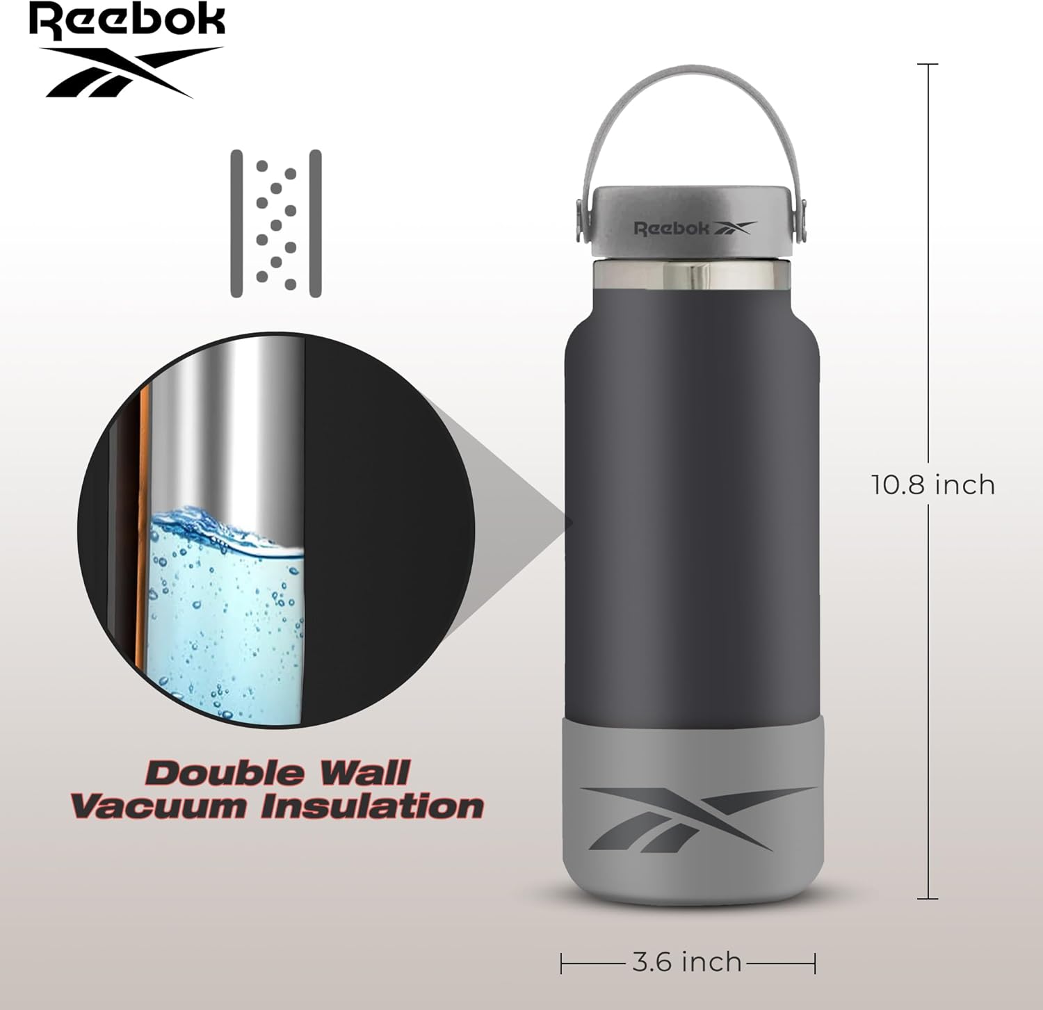 Reebok Botella de agua deportiva de acero inoxidable con asa, botella de agua aislada de 40 onzas, botella de agua deportiva aislada al vacío de