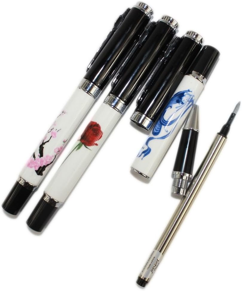 Gullor 3 Pcs Rollerball Pen 8802 Blanco y Negro, clip plateado, tres patrones