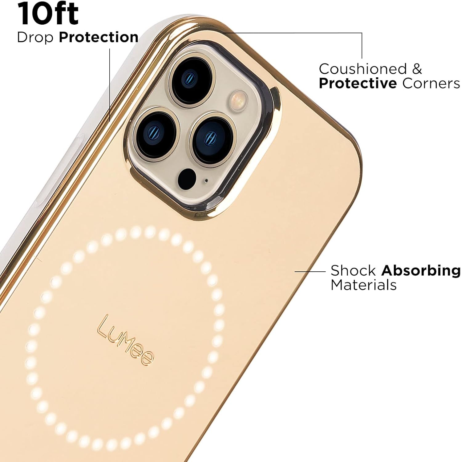 LuMee Halo – Funda iluminada para selfie para iPhone 13 Pro Max – Iluminación LED ajustable incorporada – 6.7 pulgadas – Espejo dorado