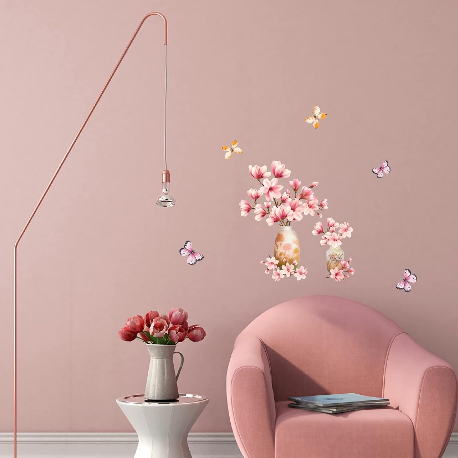Jarrón 3D de flores rosas, ramo de flores rosas, calcomanías de pared extraíbles de vinilo para despegar y pegar, calcomanías de pared para sala de