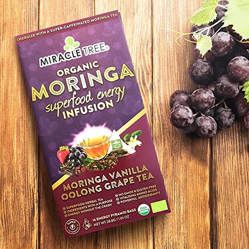 Miracle Tree ‘s Moringa Energy Tea – Uva Oolong de vainilla  Mezcla súper cafeína  Alternativa de café saludable, perfecta para concentrarse