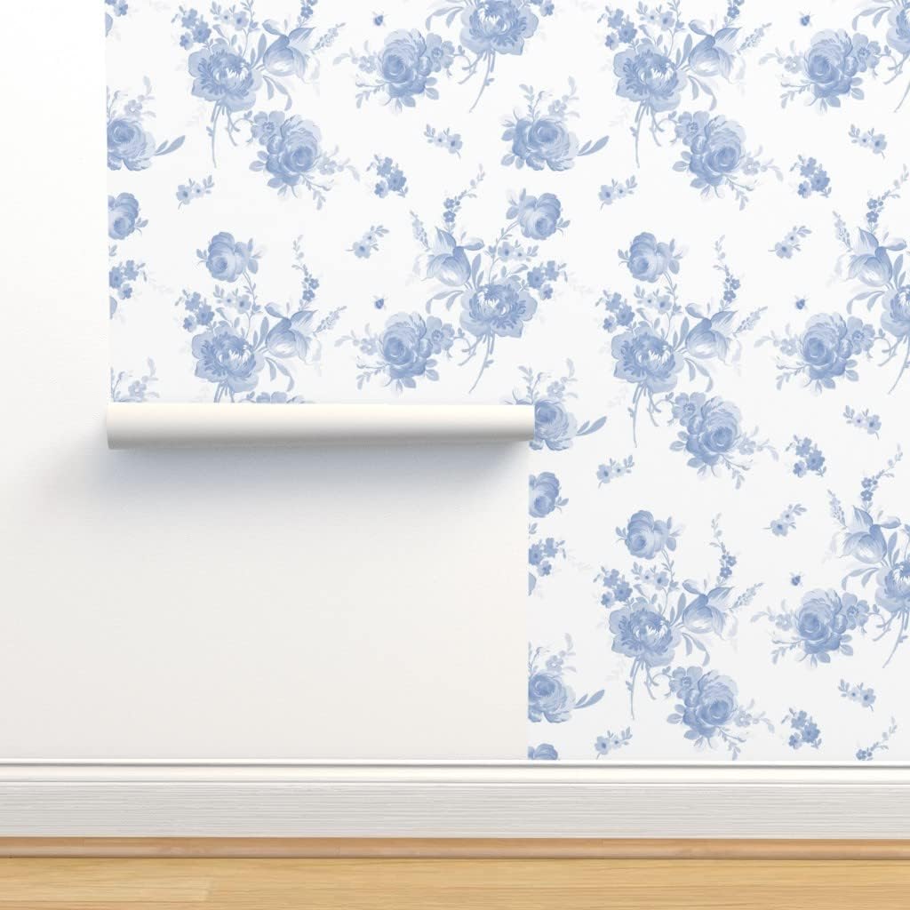 Spoonflower Muestro de papel tapiz removible – Romántico Floral Azul Blanco Shabby Chic Flores Primavera Desvanecido Papel pintado personalizado