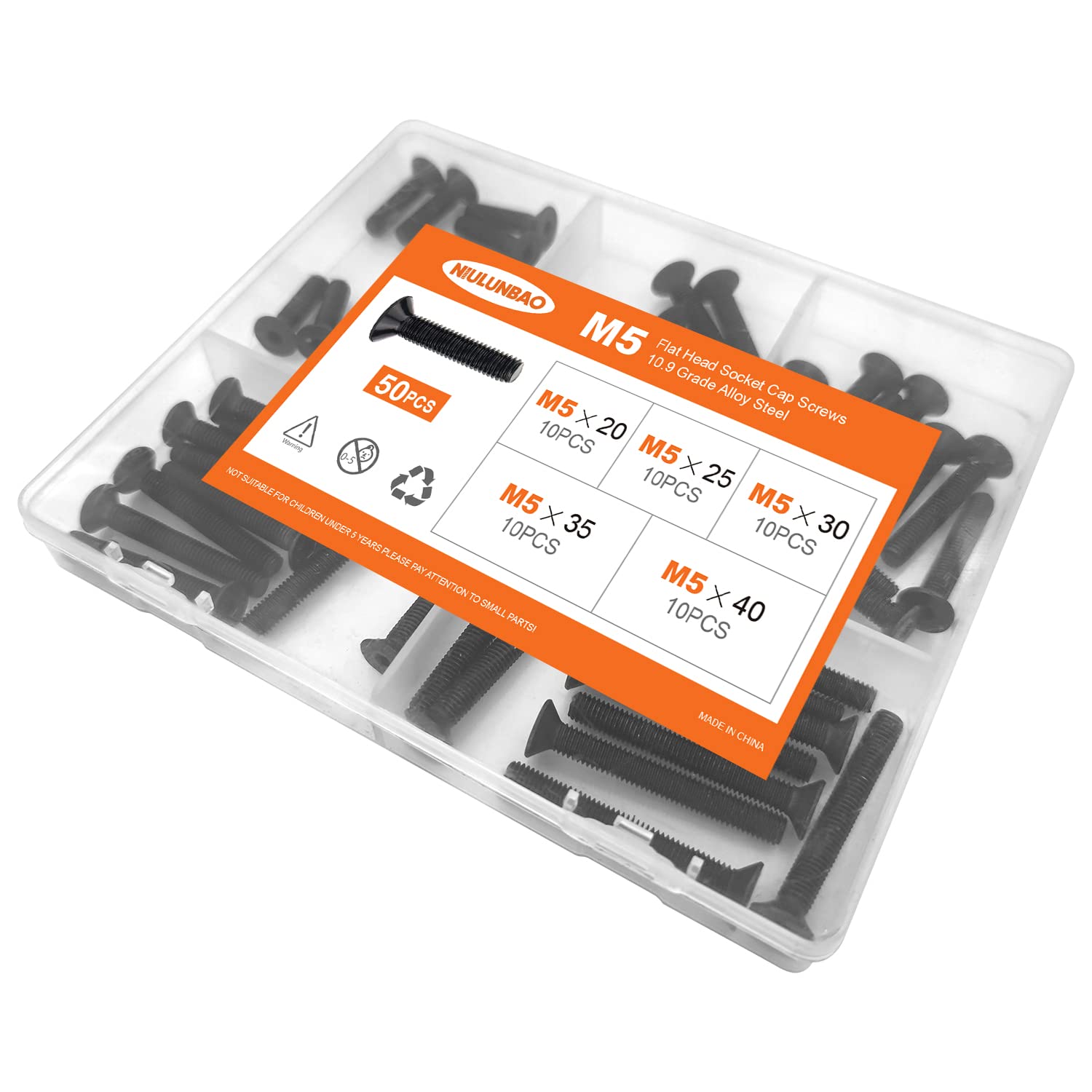 Tornillos avellanados de cabeza plana M5 x 0.787 in, 0.984 in, 1.181 in, 1.378 in, 1.575 in, tornillos avellanados, acero de aleación de grado 10.9,