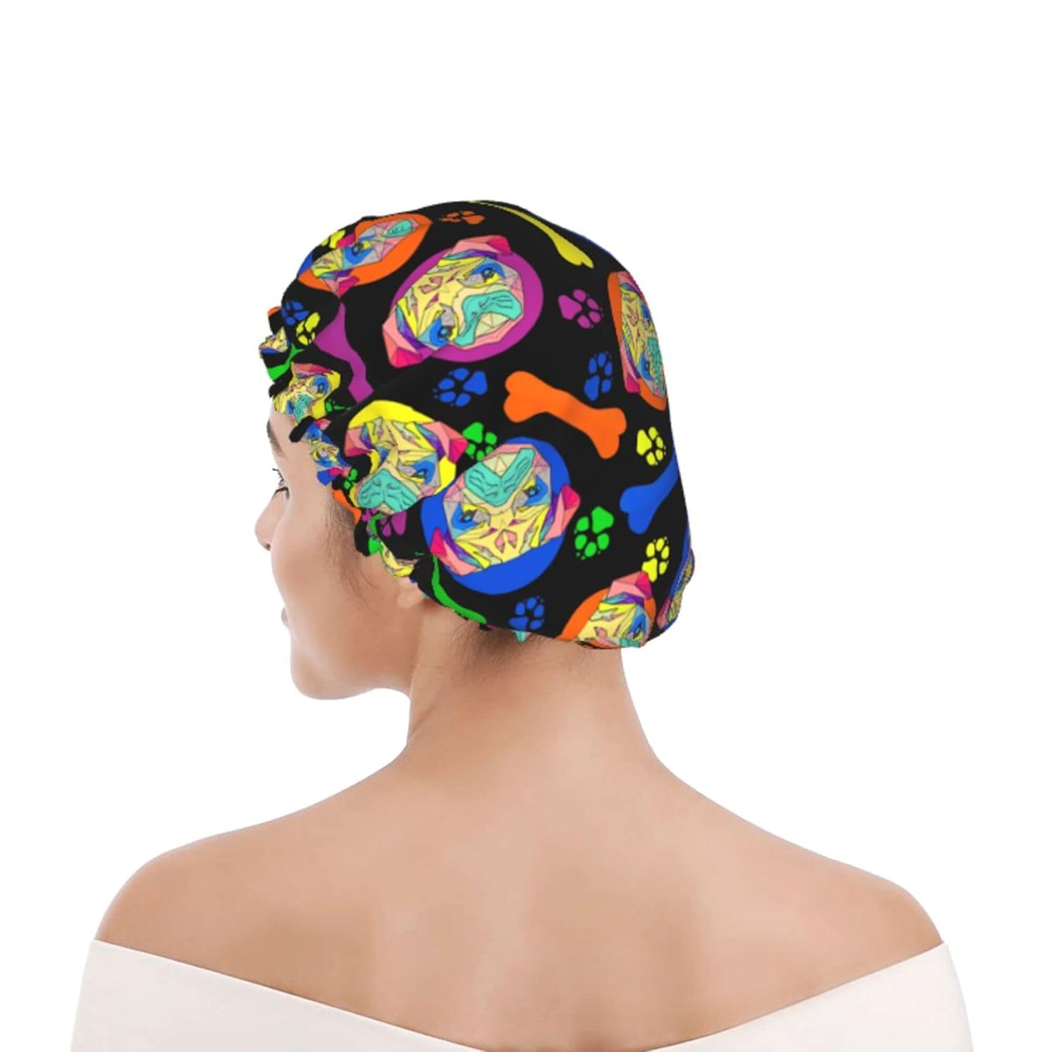 Gorro de ducha de perros coloridos para mujer, impermeable, reutilizable, forro de PEVA, ajustable, doble protección, gorro de baño elástico para