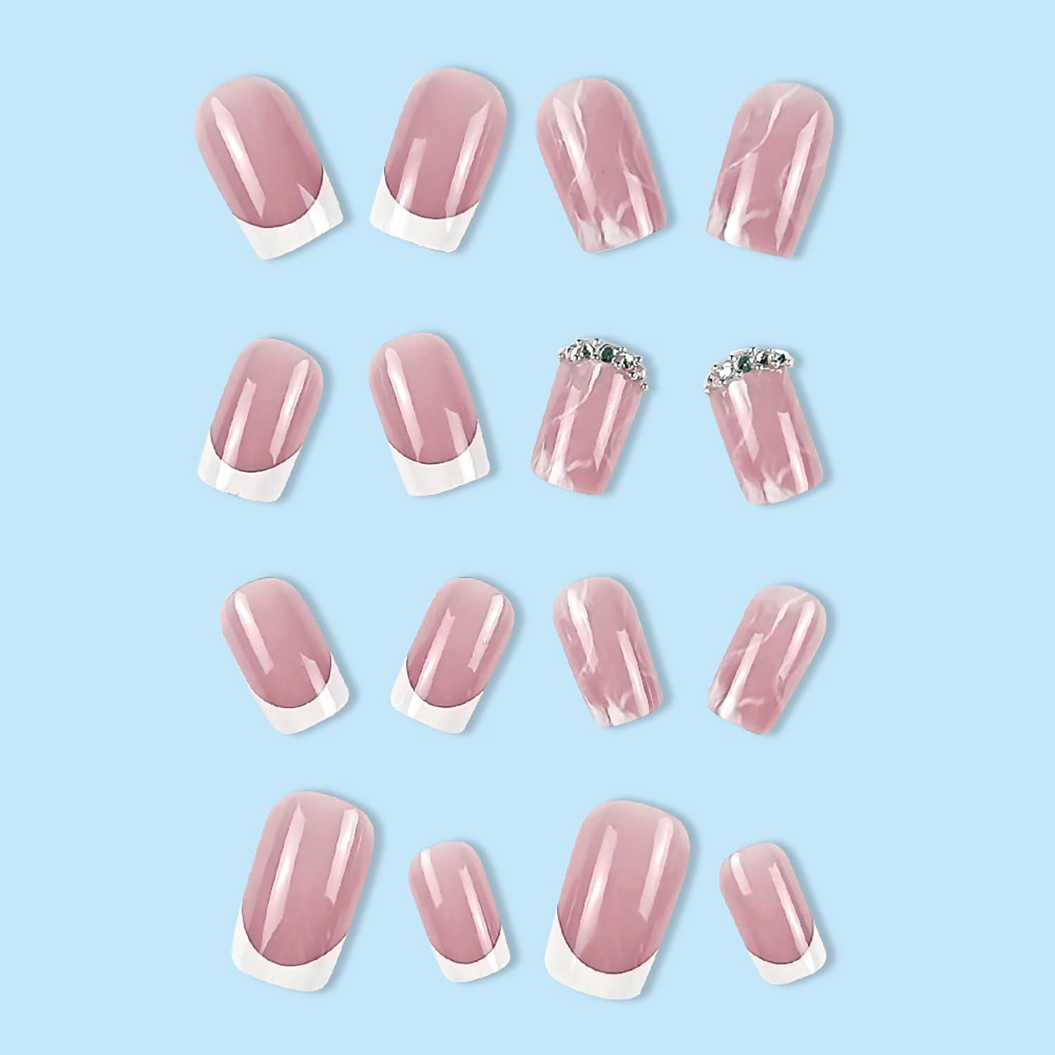 24 uñas postizas cuadradas cortas a presión, color rosa, con diseños de diamantes de imitación, uñas de punta francesa, brillantes, cobertura
