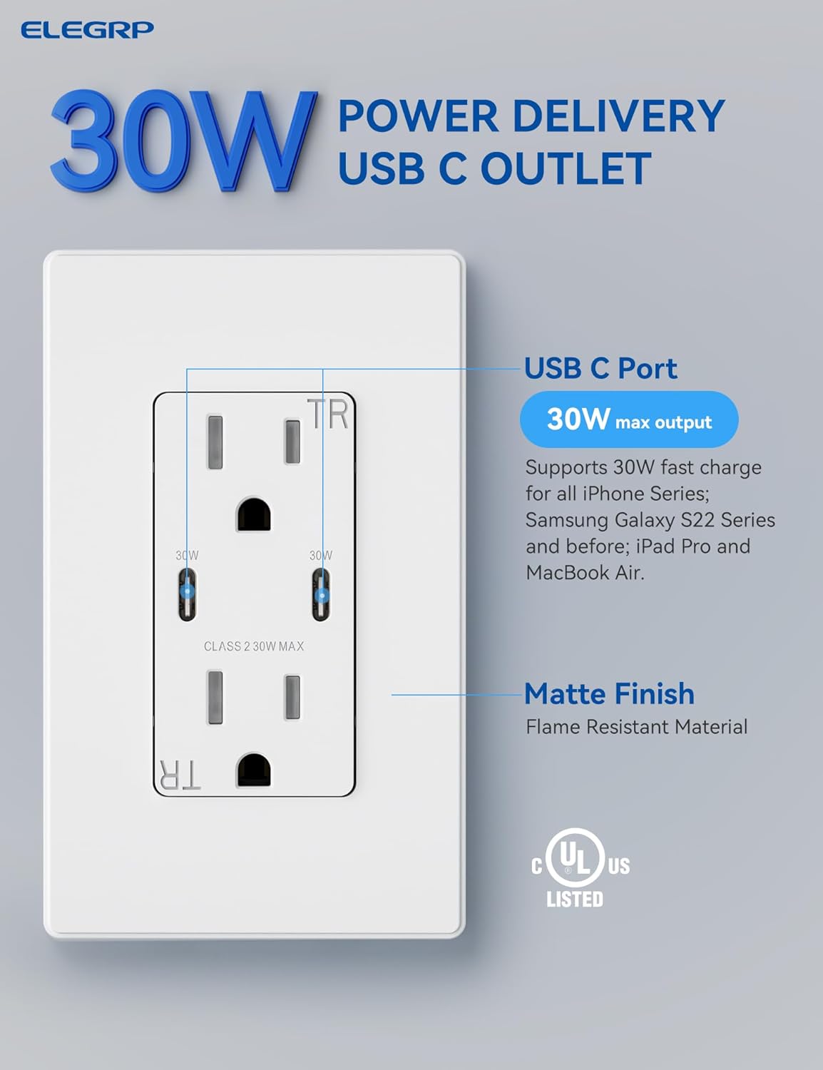 ELEGRP Toma de corriente USB, carga rápida de 30 W y entrega de energía USB C, toma de pared de 15 amperios con puertos USB C, resistente a