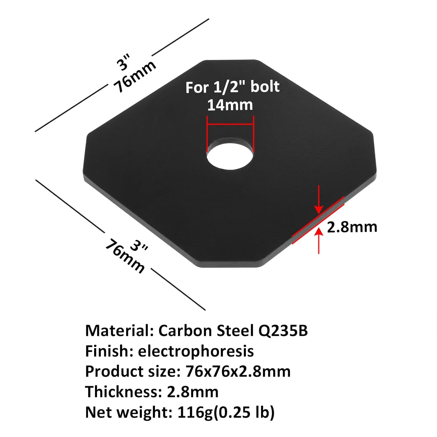 10 piezas de arandelas decorativas para arandelas cuadradas negras de 3 x 3 pulgadas, conector de madera de madera, grosor de acero de 0.110 in,