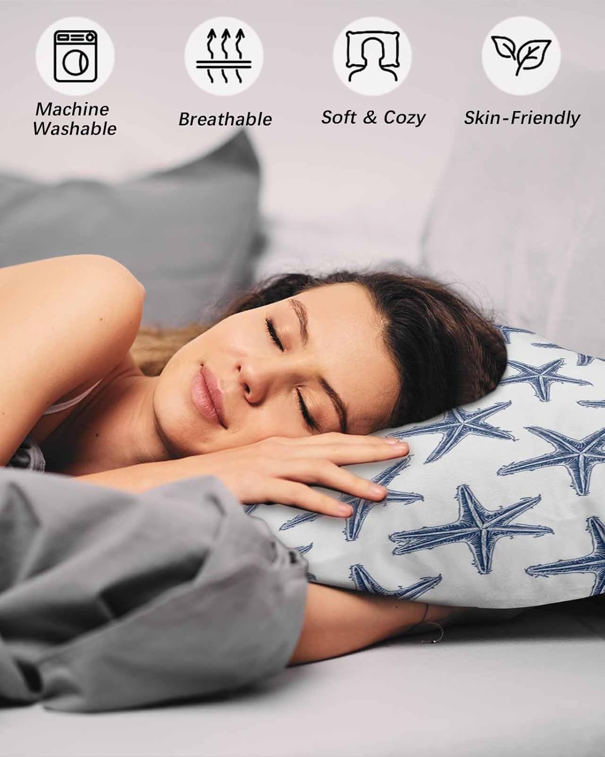 Juego de 2 fundas de almohada tamaño King con estrellas de mar de playa azul marino, fundas de almohada de microfibra para cama, fundas de almohada