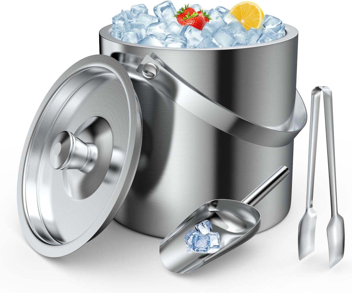 3L Double Wall Stainless Steel Ice Bucket with Lid,Scoop,Tongs, Insulated Ice Bucket for Cocktail Bar and Parties