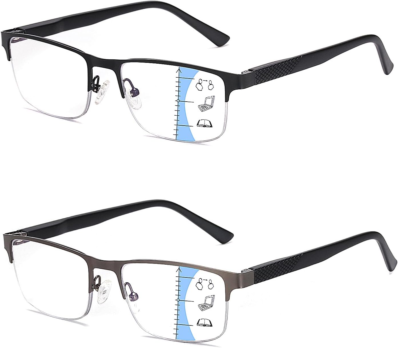 Missfive Paquete de 2 lentes de lectura progresivos multienfoque de calidad para hombre, bloqueo de luz azul, bisagra de resorte para hombre, sin