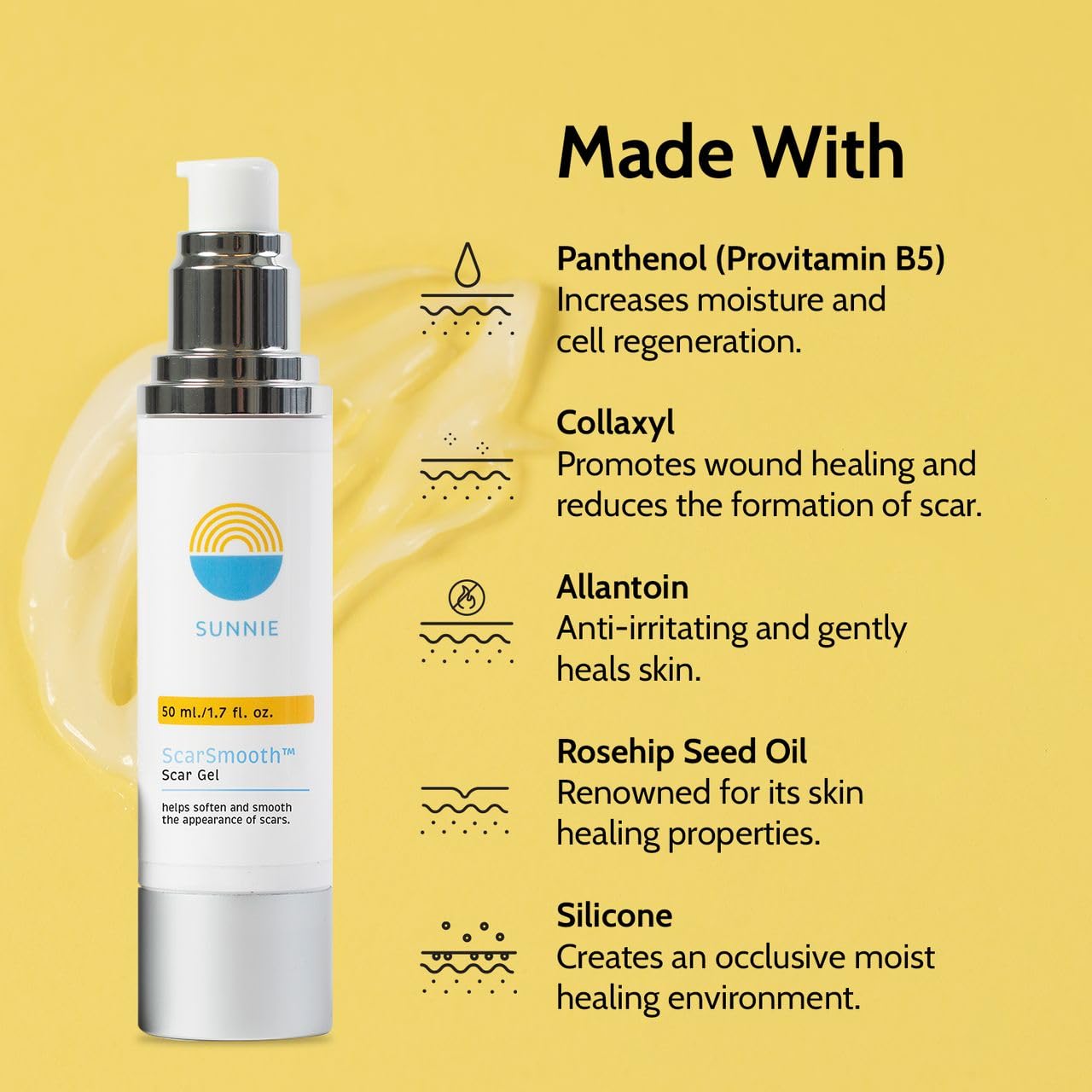 SUNNIE ScarSmooth Gel para cicatrices  1.7 fl oz I Crema de cicatrices avanzada de grado médico para cicatrices quirúrgicas, sección C, quemaduras y