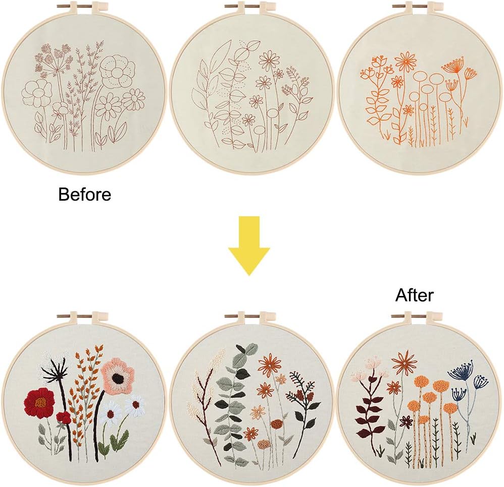 Uphome Paquete de 3 kits de bordado para principiantes con estampado de punto de cruz con bonitos patrones de flores y plantas con 1 aro de bordado