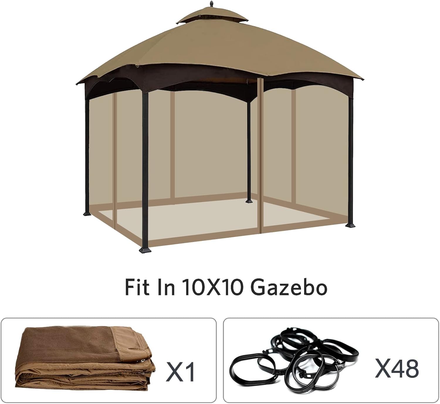 Tanxianzhe 10'x10' Gazebo Replacement Mosquito Netting 4-Panel Patio Screen Walls with Zipper (Khaki) - Imagen 7