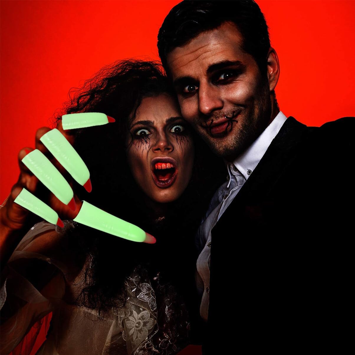 50 dedos de bruja de Halloween, cubierta de uñas de bruja aterradora que brilla en la oscuridad, para accesorios de Halloween, suministros de cosplay