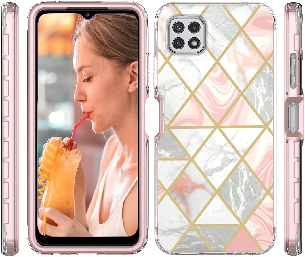 Jeylly 5 artículos Funda para Galaxy A22 5G con protector de pantalla y protector de lente de cámara, funda de mármol híbrida de policarbonato duro