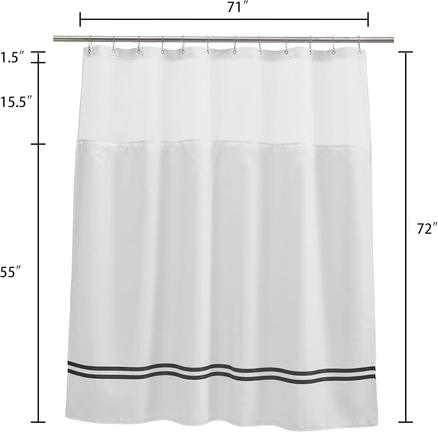 River Dream Cortina de ducha blanca con forro a presión, con rayas negras satinadas, ventana transparente, con imanes, con ganchos incluidos, 71