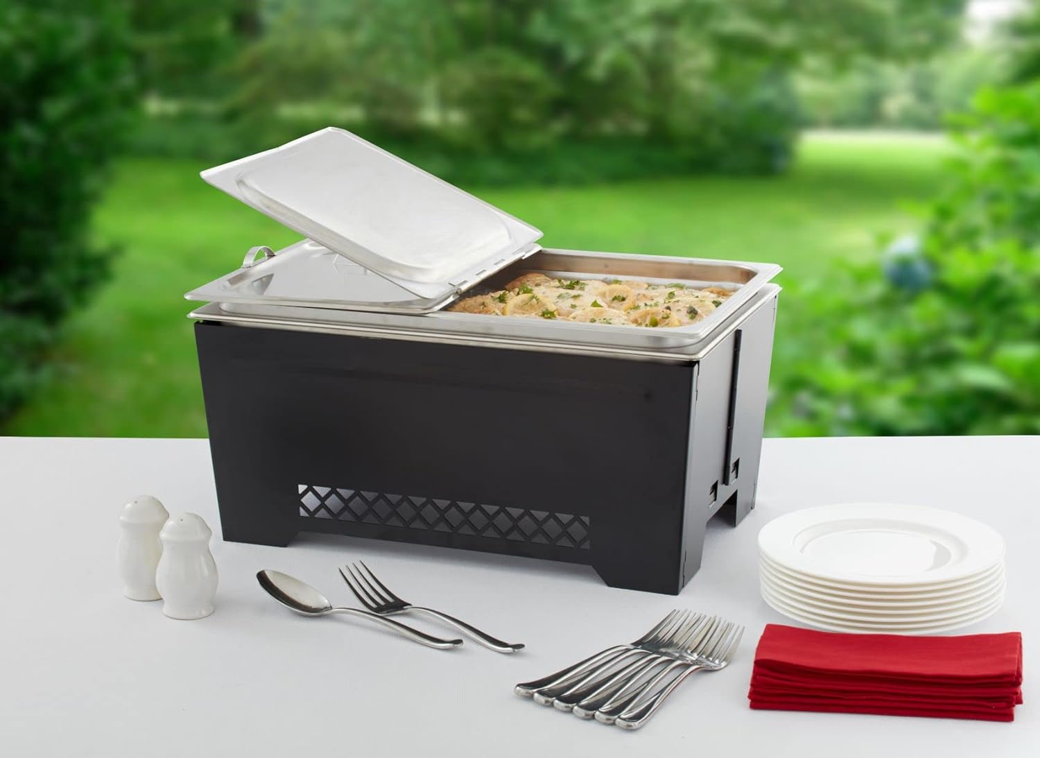 Chef Master 90253 – Soporte para calentador de alimentos, soporte de aluminio y calentador para alimentos, marco plegable resistente al viento, mesa