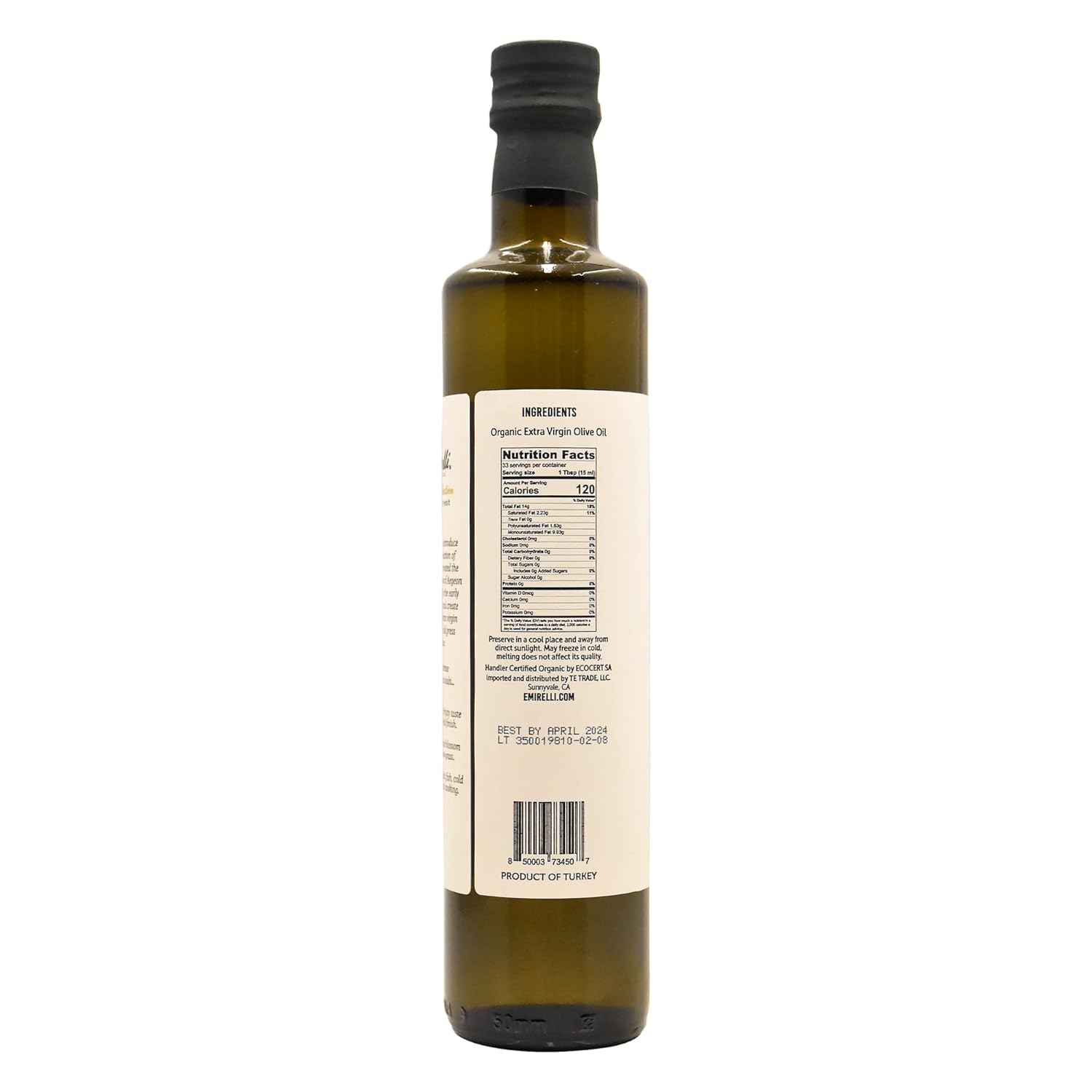 Emirelli Aceite de oliva virgen extra orgánico, certificado por USDA, rico en polifenoles, primer prensado en frío, cosecha temprana, sabor suave,