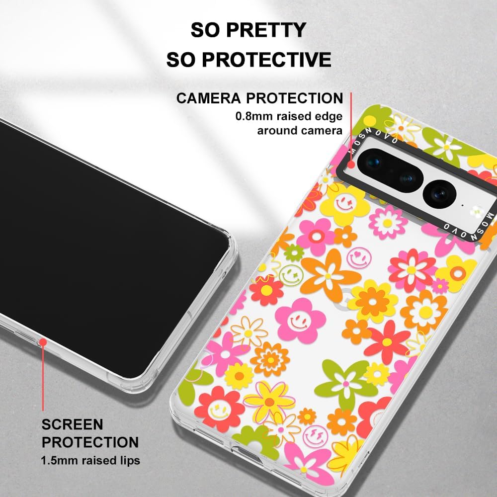 MOSNOVO Funda compatible con Google Pixel 7 Pro 5G, diseño floral transparente de los años 70, carcasa rígida de plástico transparente con