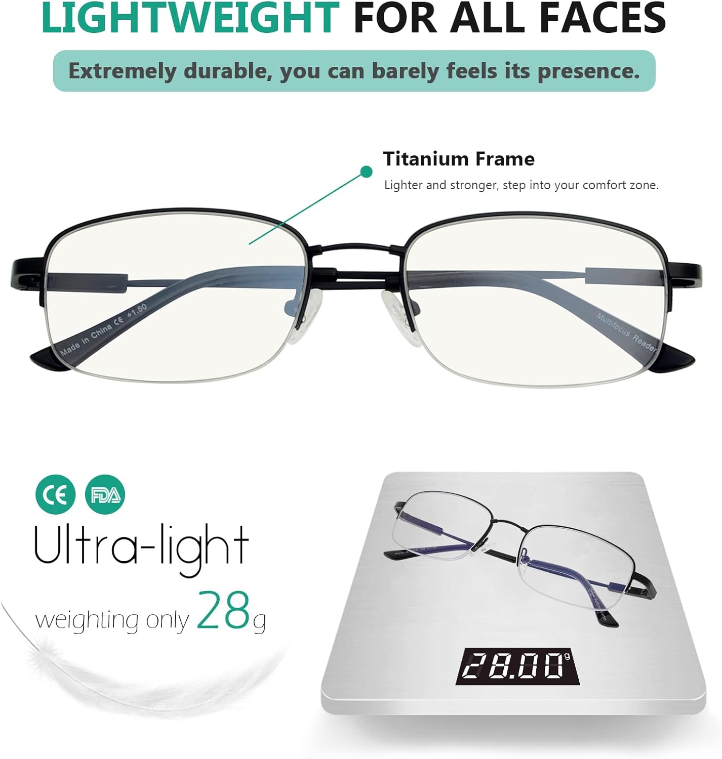 Eyekepper Lentes de lectura progresivos con protección UV de medio borde, 3 niveles, multienfoque, para hombres y mujeres, marco de memoria flexible