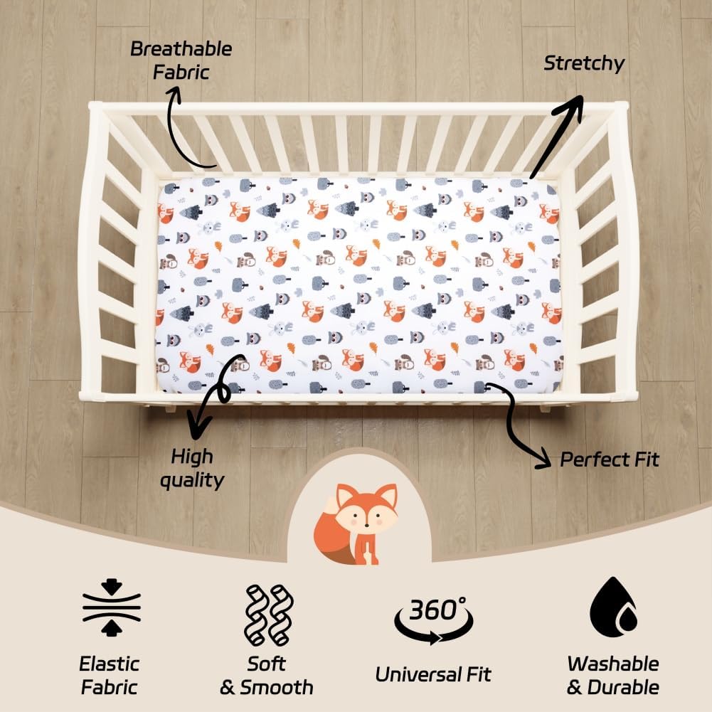Juego de 4 sábanas ajustables unisex para cuna de bebé, diseño de animales del bosque del bosque, de madera, neutro, para bebés, niños o niñas, zorro